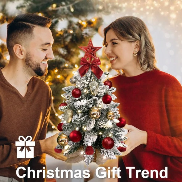 22in Mini Christmas Tree With Lights, Rose Gold Artificial Small Tabletop Christmas Tree With Flocked Snow, Exquisite Decor & Xmas Decorations For Table Top For Home & Office