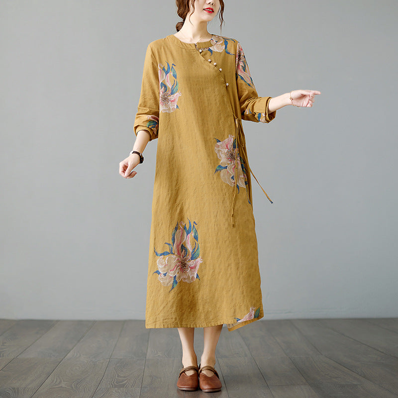 Printed Collar Loose Improved Long Sleeve Cheongsam Long Skirt Girl