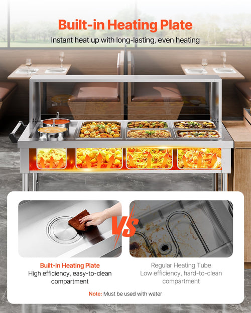 5 Pans + 2 Pots Commercial Food Warmer Steam Table With Undershelf Shield