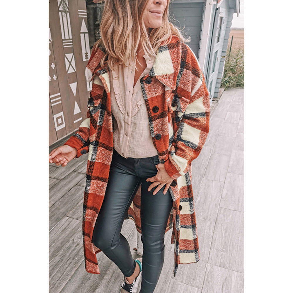 Women's Winter Long Plaid Print Cardigan Jacket
