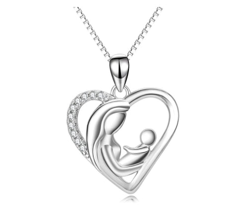 S925 Sterling Silver Heart Mother And Child Hug Pendant