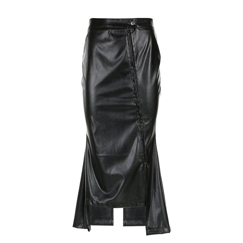 Stitching Ruffle Long Leather Skirt