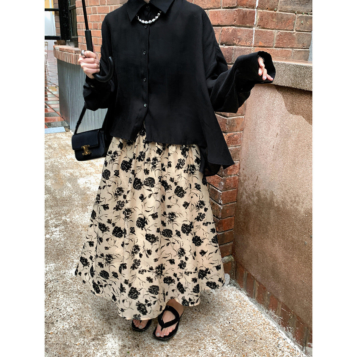 Retro High Waist Flocked Long A-Line Skirt