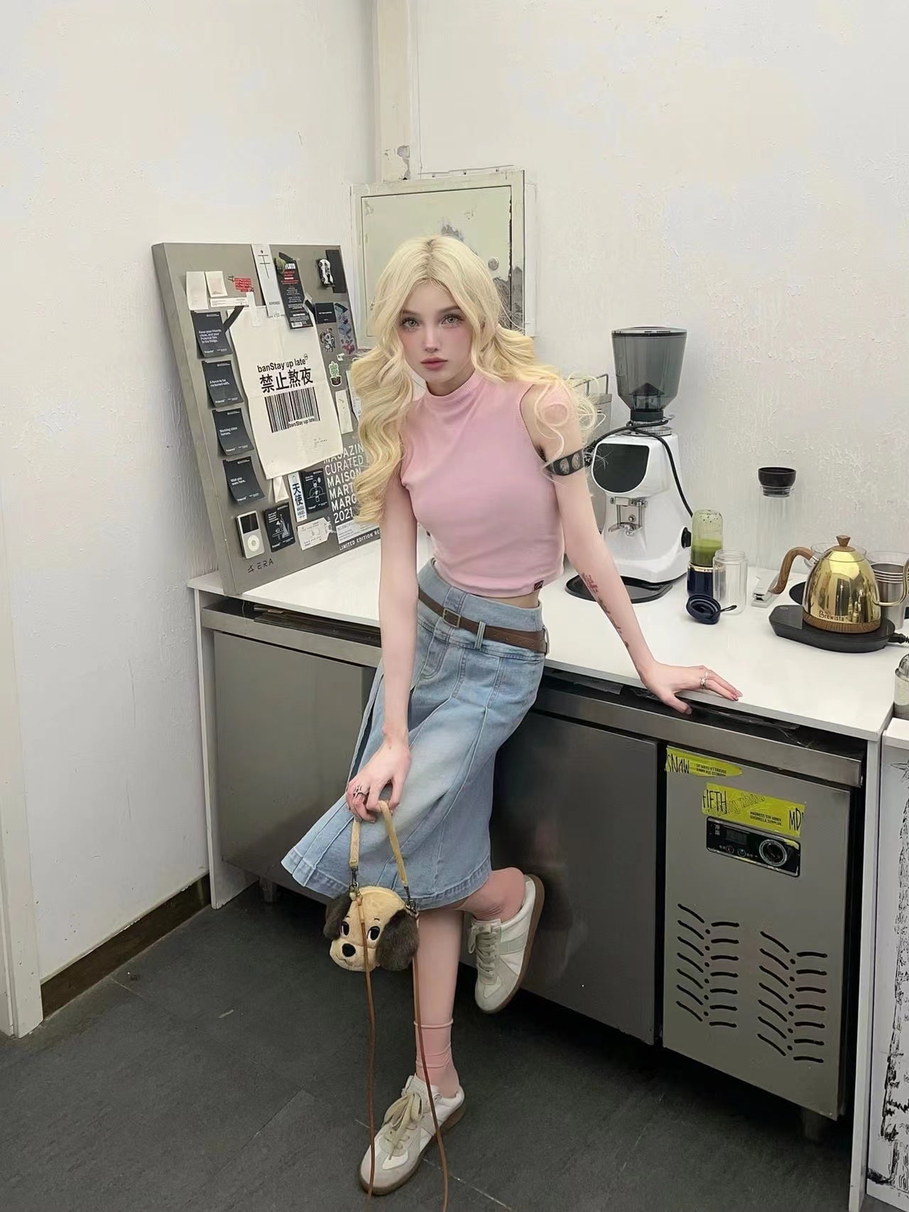 Retro Washed Light Blue Denim Pleated Skirt