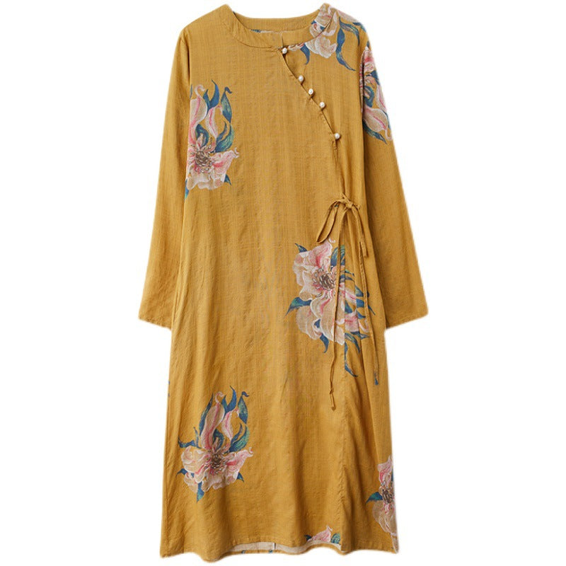 Printed Collar Loose Improved Long Sleeve Cheongsam Long Skirt Girl