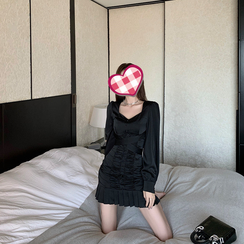 Puff Sleeve Dress Women Autumn And Winter Slimming Temperament Pleated Skirts