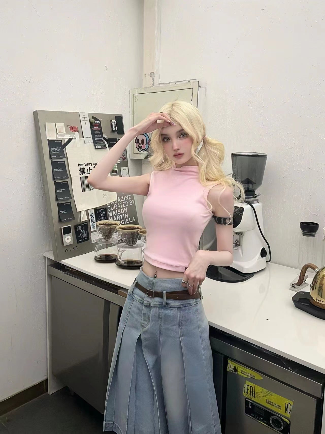 Retro Washed Light Blue Denim Pleated Skirt