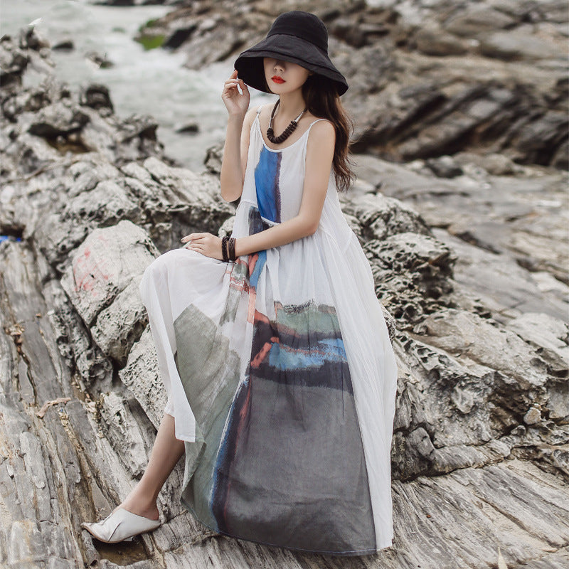 Retro Print Big Swing Long Suspender Dress