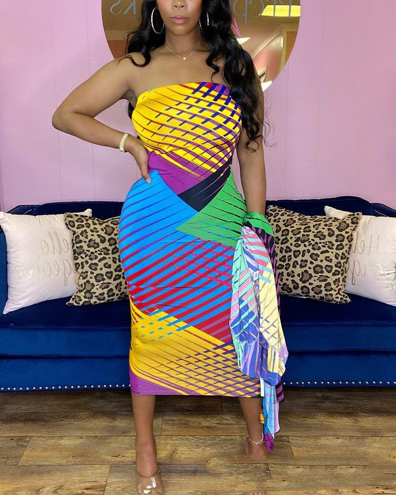 Color Print Women's Strapless Printed Skirt Coat Two-piece Set