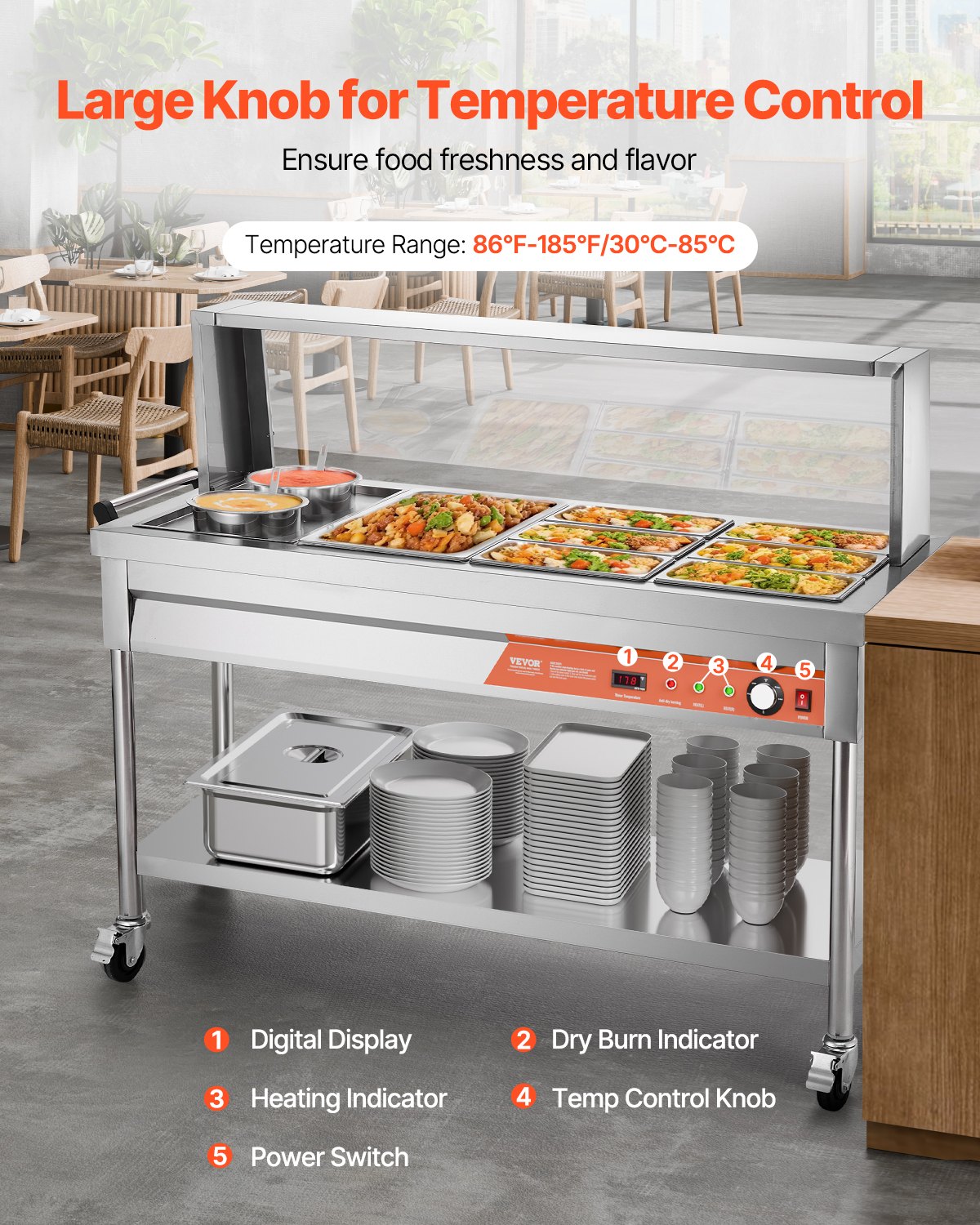 7 Pans + 2 Pots Commercial Food Warmer Steam Table With Undershelf Shield