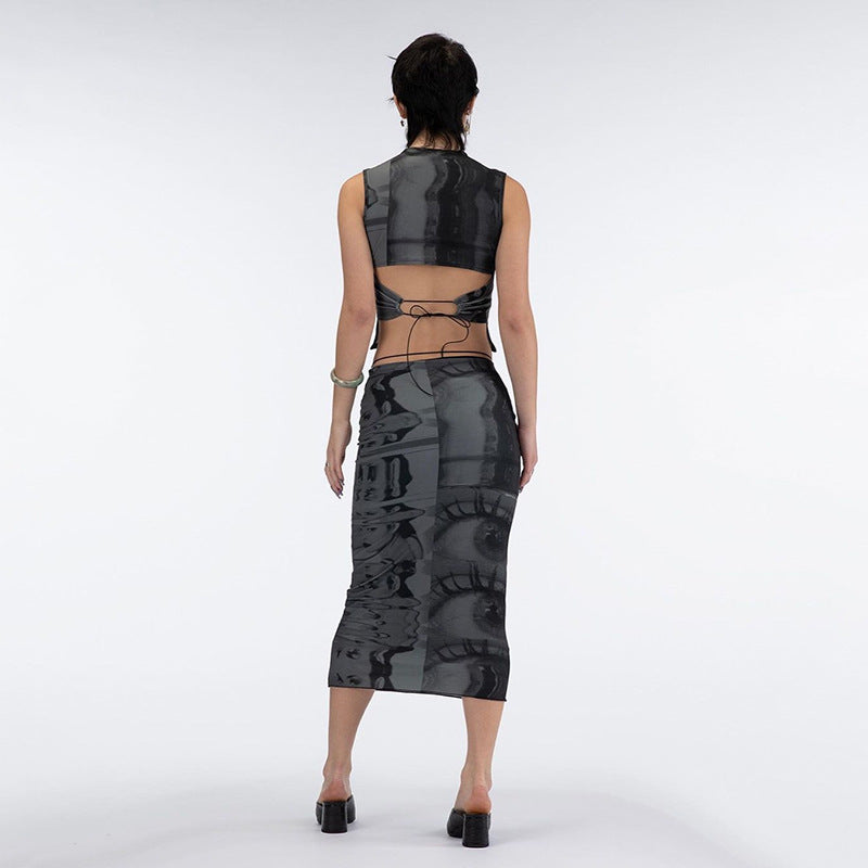 Women's Sleeveless Crew Neck Cutout Tank Top Mid Skirts