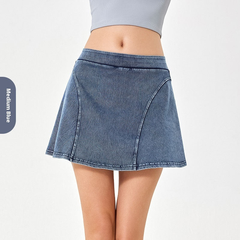 Spring And Summer High Elastic Fake Two Pieces Denim Yoga Skirts