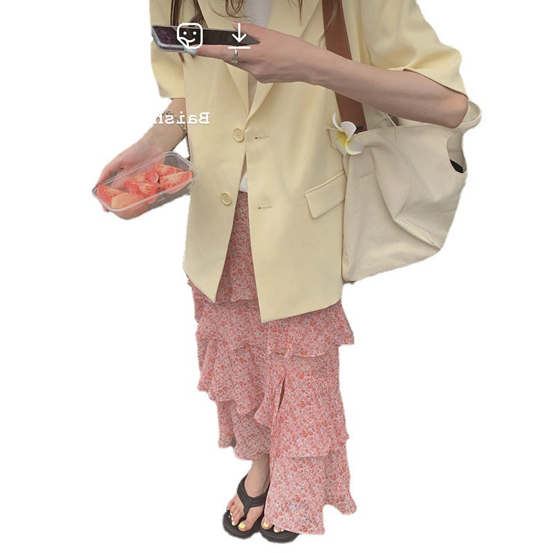 Chiffon Temperament High Waist A-line Green Mid-length Skirt