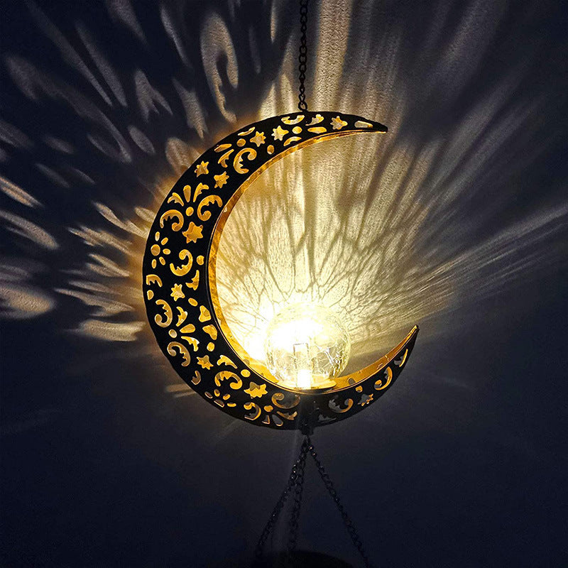 Solar Wrought Iron Hollow Moon Wind Chime Lamp