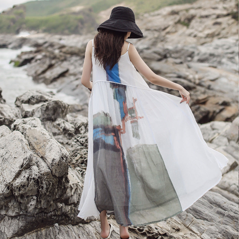 Retro Print Big Swing Long Suspender Dress