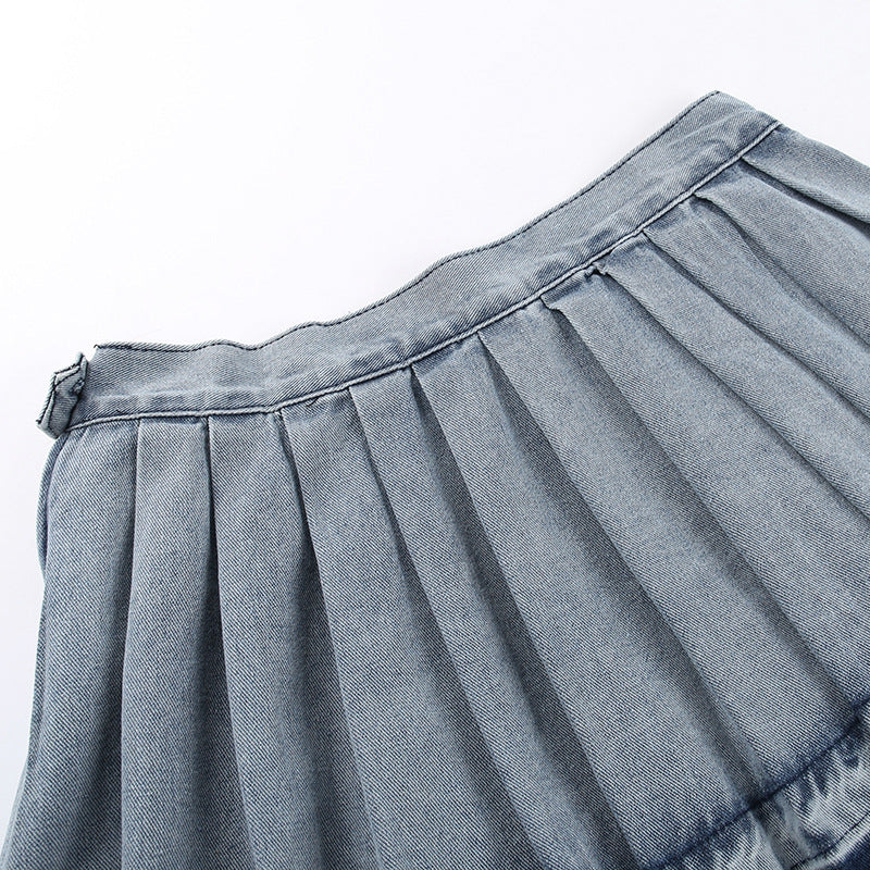 All-matching Casual High Waist Pleated Denim Skirt For Women