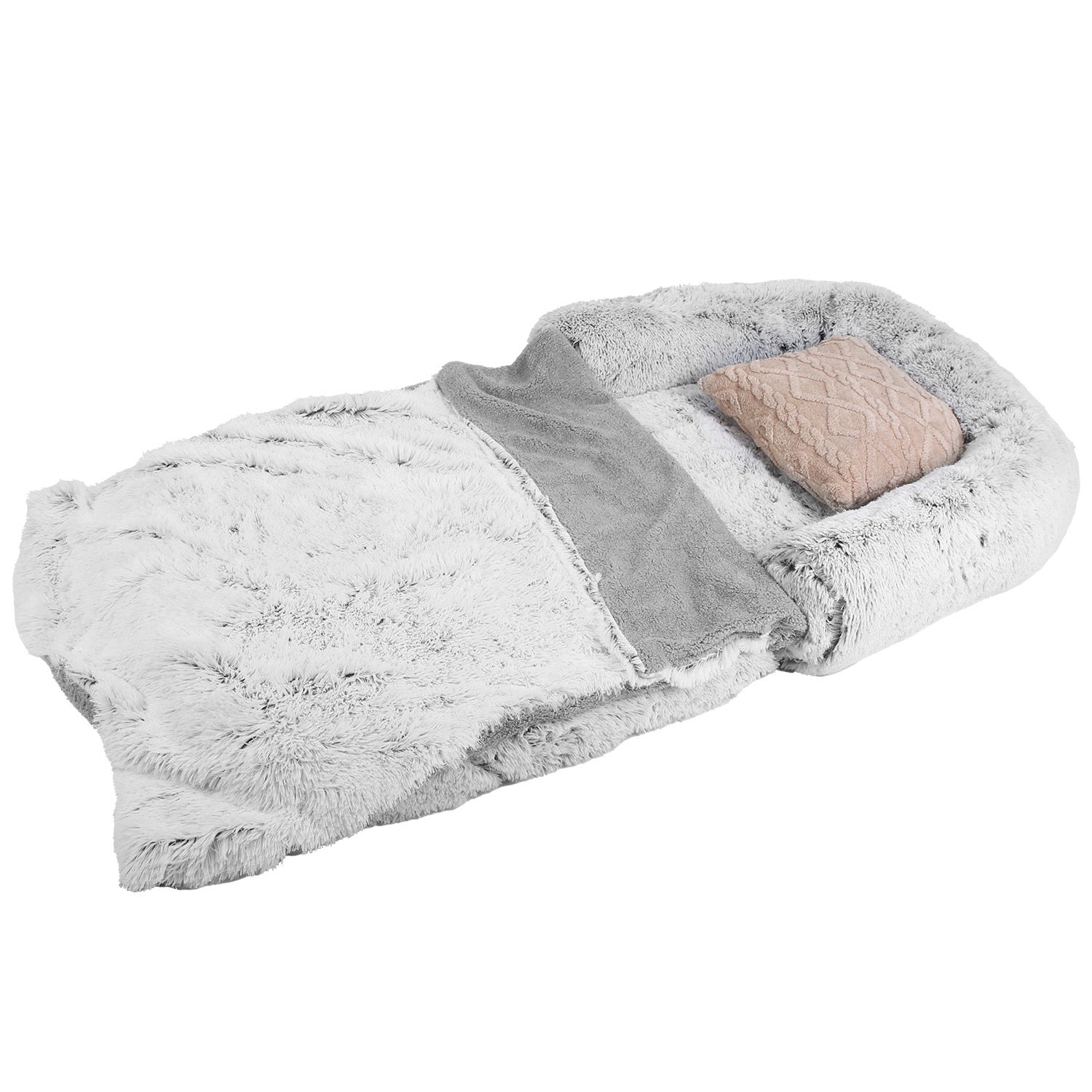 1Pc Large Foldable Human Size Dog Bed With Pillow Blanket Flurry Plush Napping Human-Sized Dog Bed Machine Washable Zipped Removable Cover For Pets Kids Adults Grey 71x45x10in