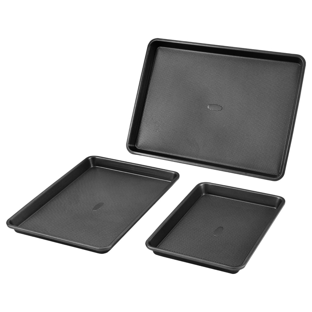 Baking Pans Set, 3-Piece, Nonstick Carbon Steel Cookware Sheets & Trays, Stackable Kitchen Oven Bakeware Cooking Sets With Silicone Handles, Easy To Clean, For Baking Cookie Cake Muffin Bread