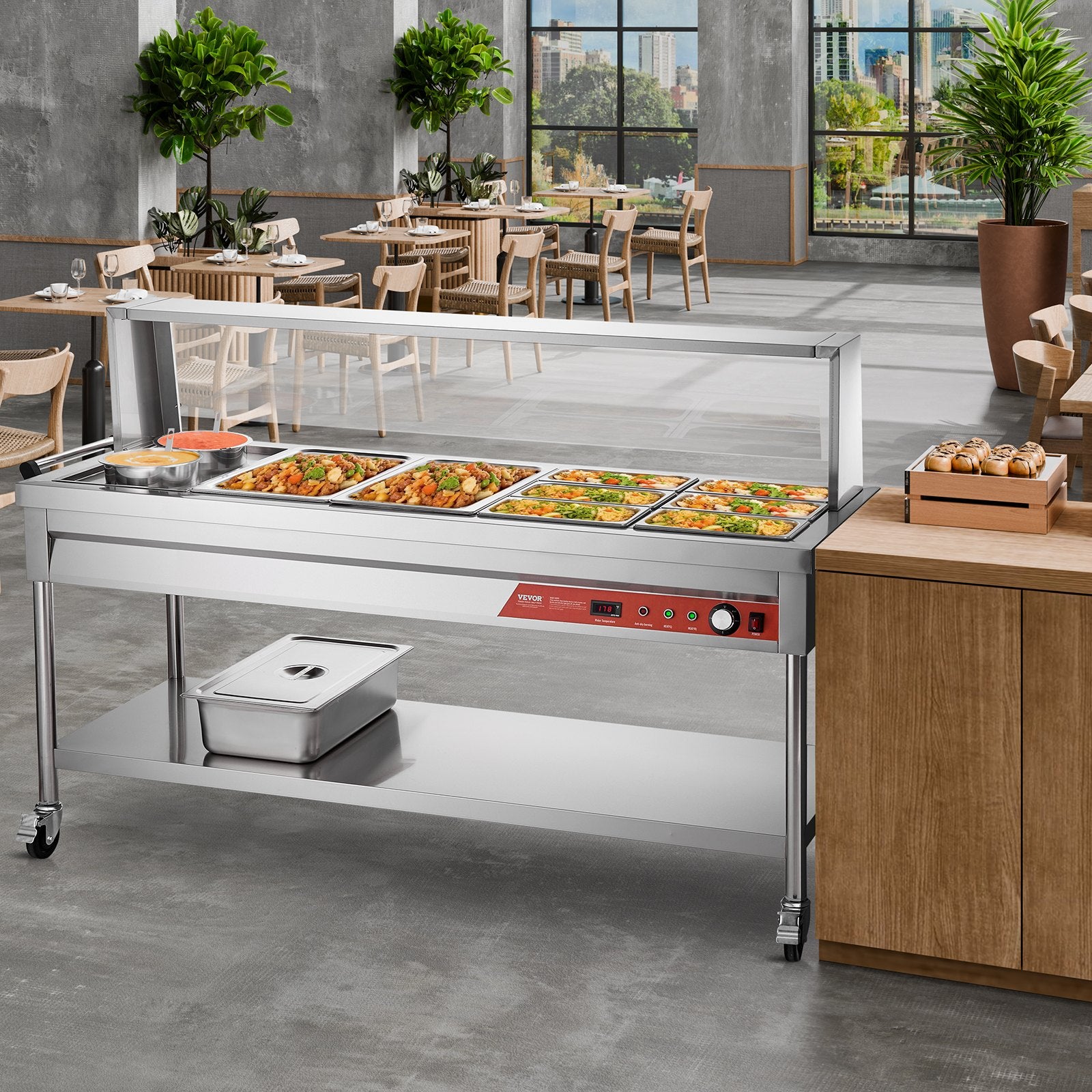8 Pans + 2 Pots Commercial Food Warmer Steam Table With Undershelf Shield