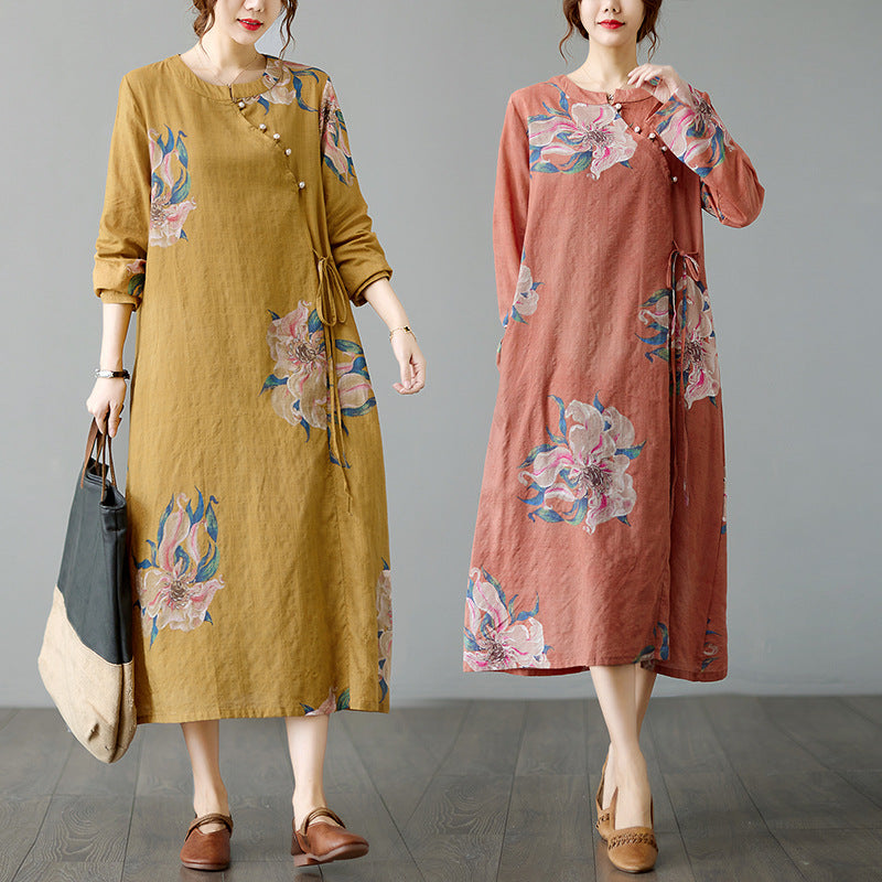 Printed Collar Loose Improved Long Sleeve Cheongsam Long Skirt Girl