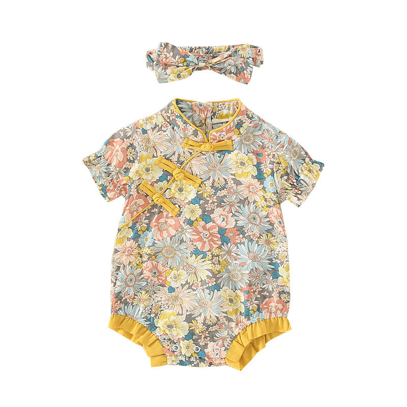 Infant Cheongsam Short-sleeved Jumpsuit Summer Dress New Baby Girl Ethnic Style Floral