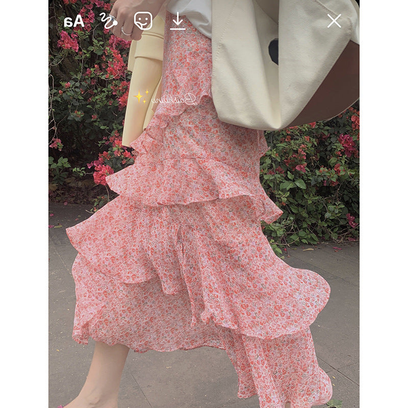 Chiffon Temperament High Waist A-line Green Mid-length Skirt