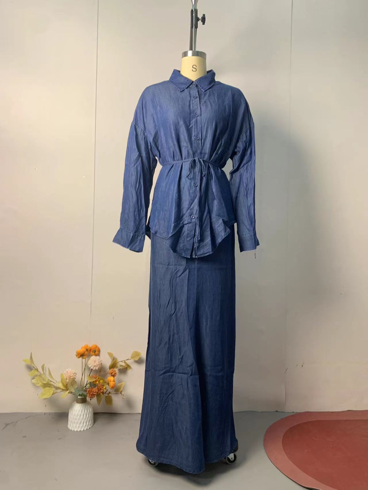 Women's Clothing Belt Waist-controlled Long Sleeves Denim Long Skirts Two-piece Set