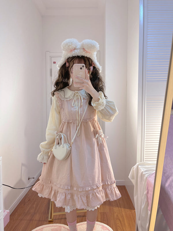 Solid Color Large Swing Hollow Heart Bow Vest Skirt Jsk