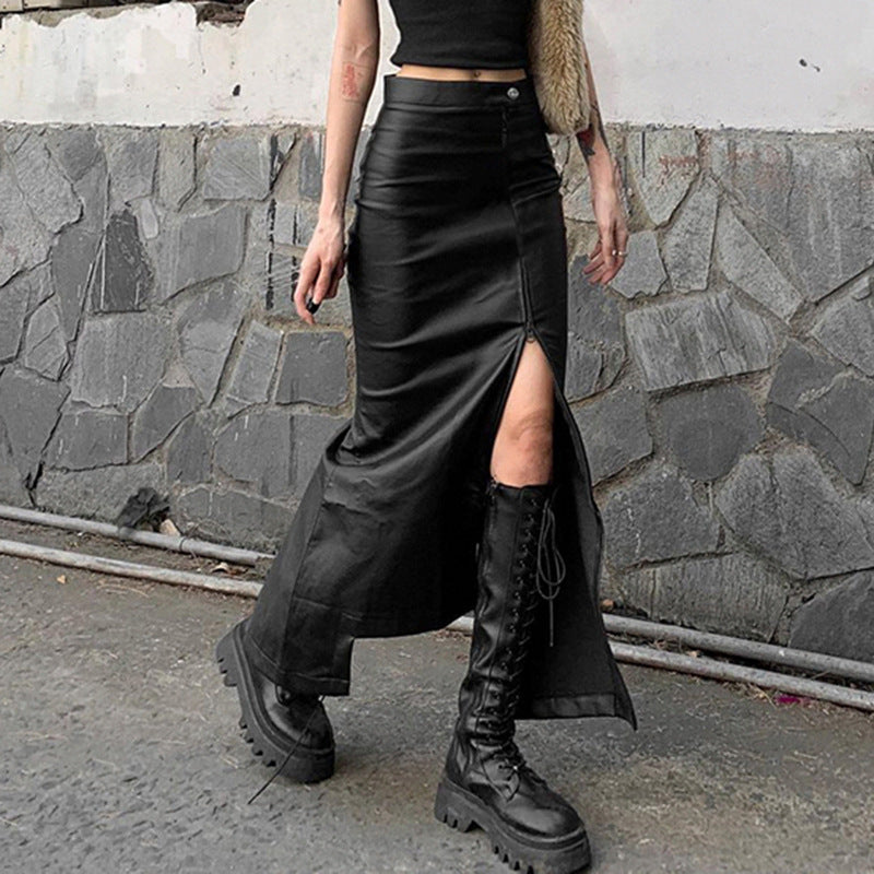 Stitching Ruffle Long Leather Skirt