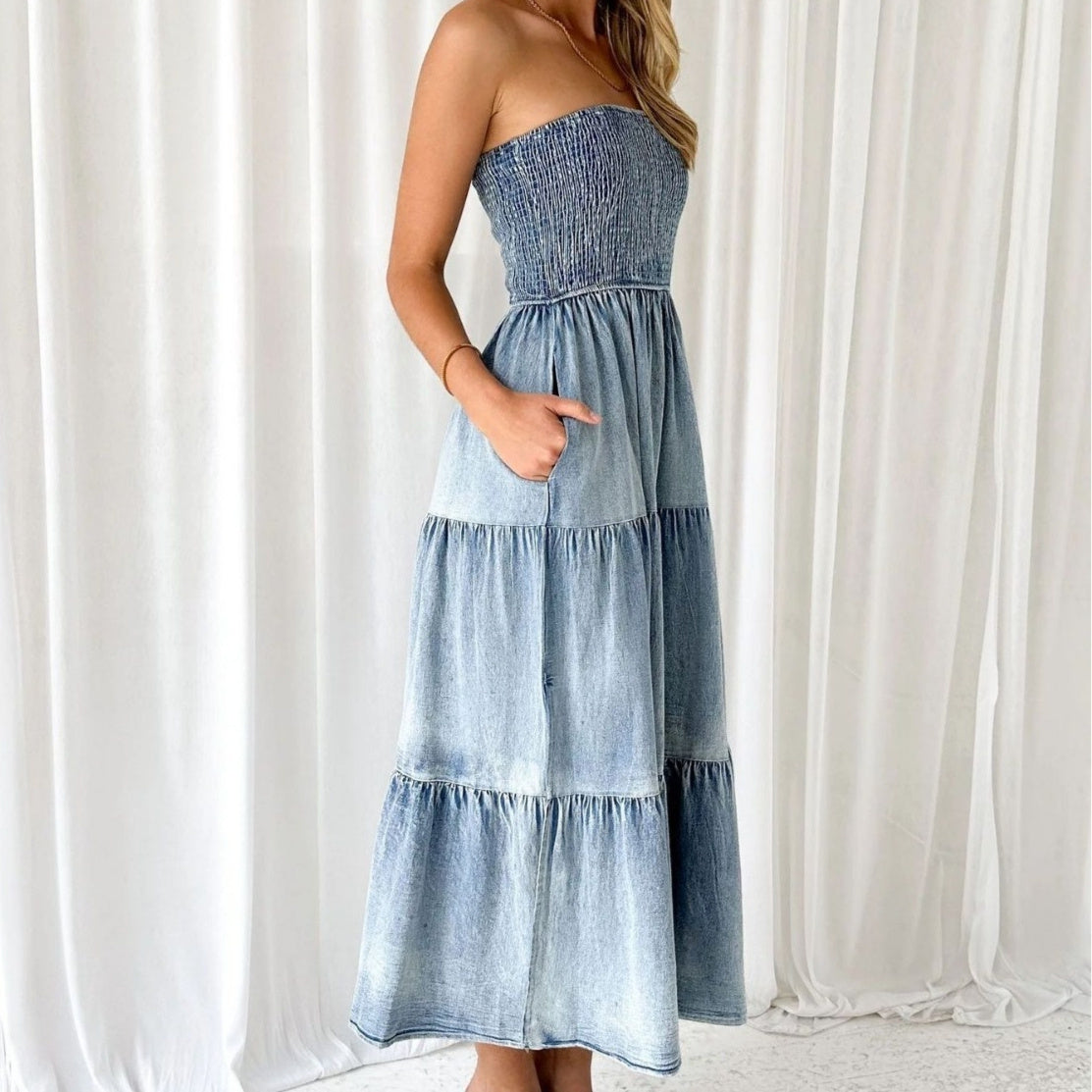 Women's Summer Elegance Hem Stitching Side Cake Denim Long Skirts
