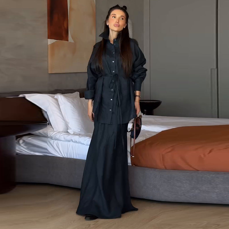 Women's Clothing Belt Waist-controlled Long Sleeves Denim Long Skirts Two-piece Set