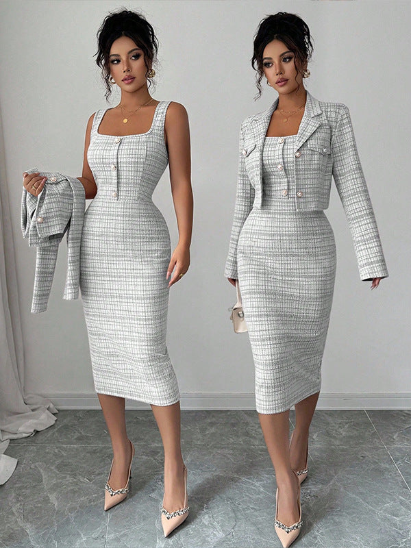 Women's Clothing Skirts Suit Lapel Long Sleeve Short Plaid Jacket