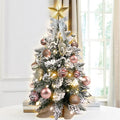 22in Mini Christmas Tree With Lights, Rose Gold Artificial Small Tabletop Christmas Tree With Flocked Snow, Exquisite Decor & Xmas Decorations For Table Top For Home & Office