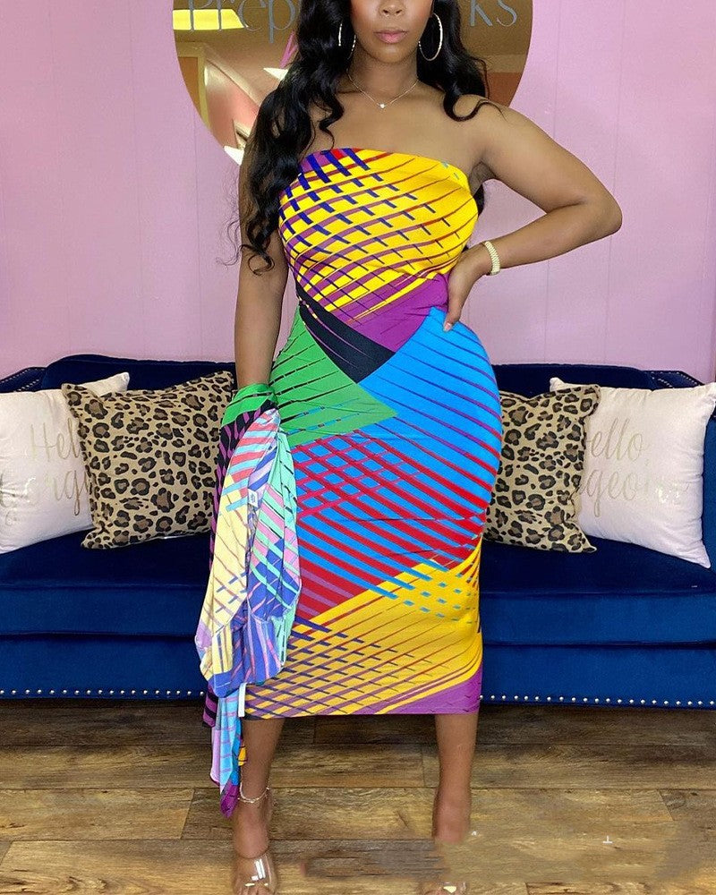 Color Print Women's Strapless Printed Skirt Coat Two-piece Set