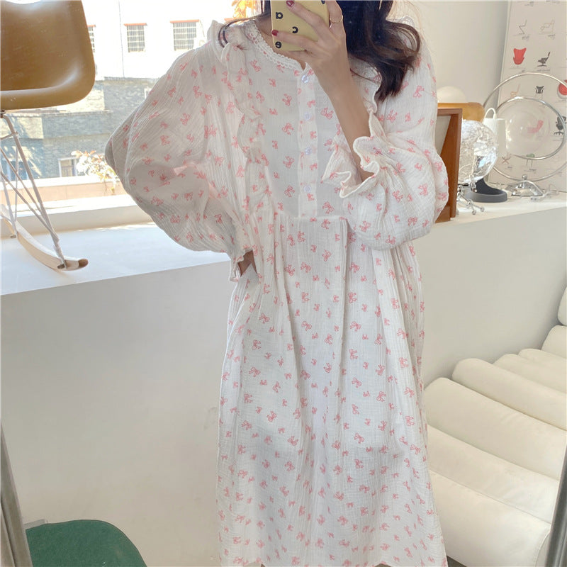 The New Korean Ins Sweet Can Wear Bow Pajamas Girls Home Clothes Sleeping Skirts