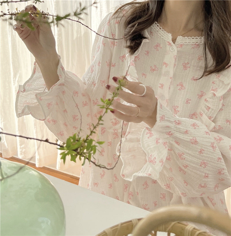 The New Korean Ins Sweet Can Wear Bow Pajamas Girls Home Clothes Sleeping Skirts