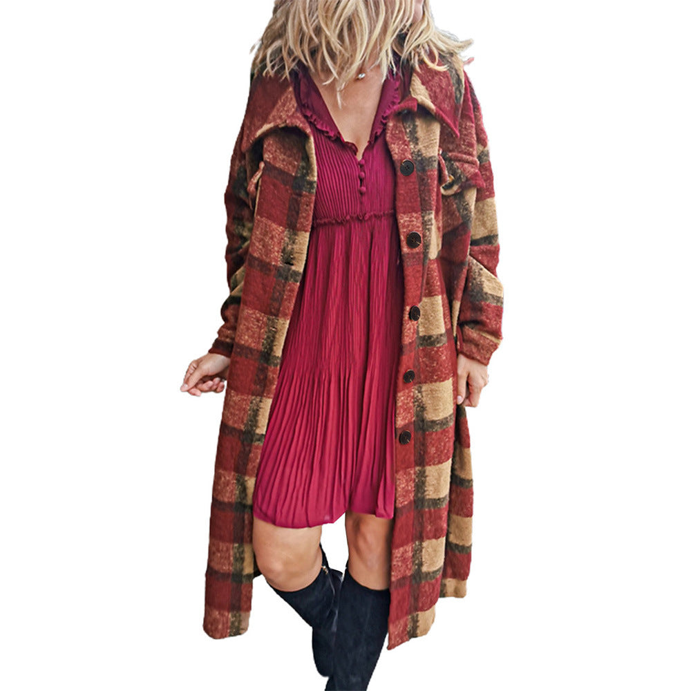 Women's Winter Long Plaid Print Cardigan Jacket