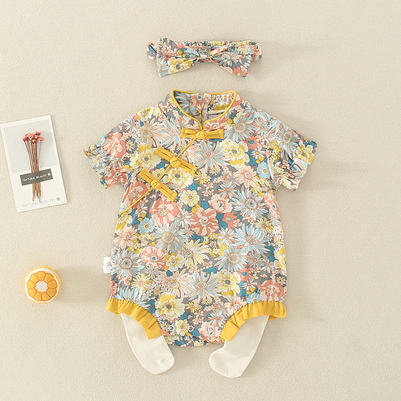 Infant Cheongsam Short-sleeved Jumpsuit Summer Dress New Baby Girl Ethnic Style Floral