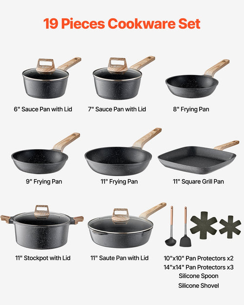 19 Piece Pots And Pans Set, Granite Nonstick Cookware Set, Induction Cookwares, Kitchen RV Cooking Sets With Frying, Sauce, Saute, Tempered Glass Lids, And Pan Protectors, Black