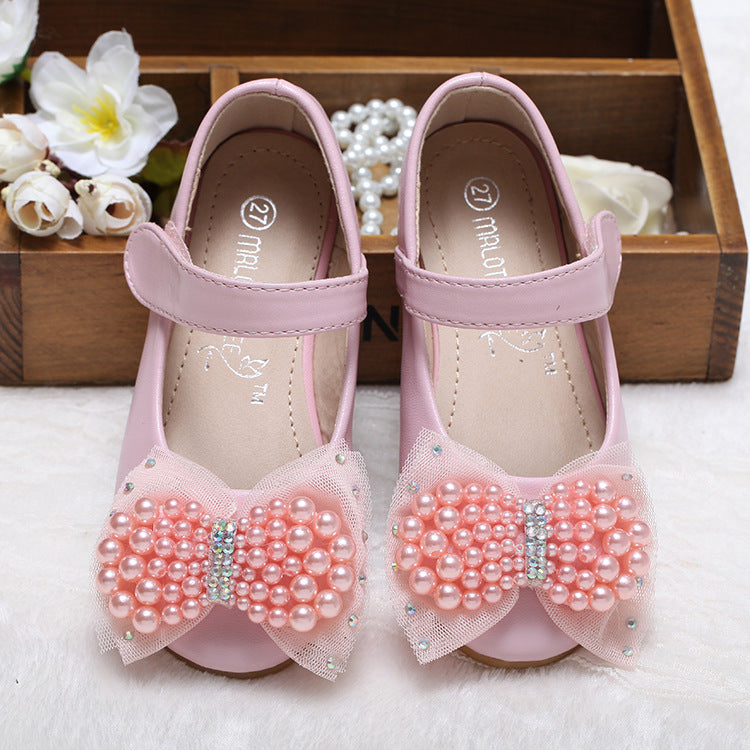 Princess Shoes Girls' Pearl Bow Leather Shoes Wedding Shoes