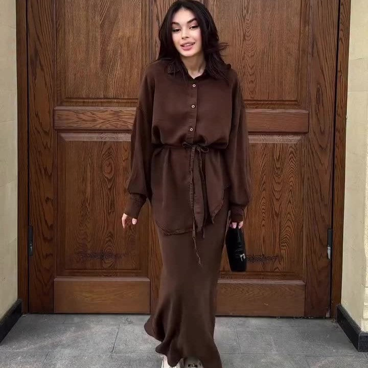 Women's Clothing Belt Waist-controlled Long Sleeves Denim Long Skirts Two-piece Set