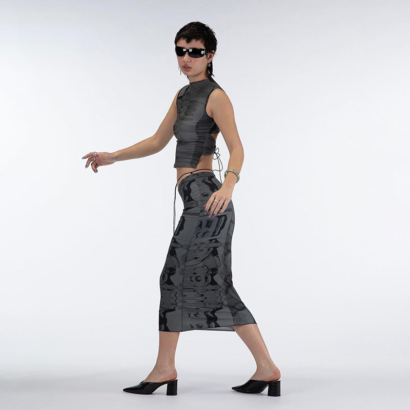 Women's Sleeveless Crew Neck Cutout Tank Top Mid Skirts