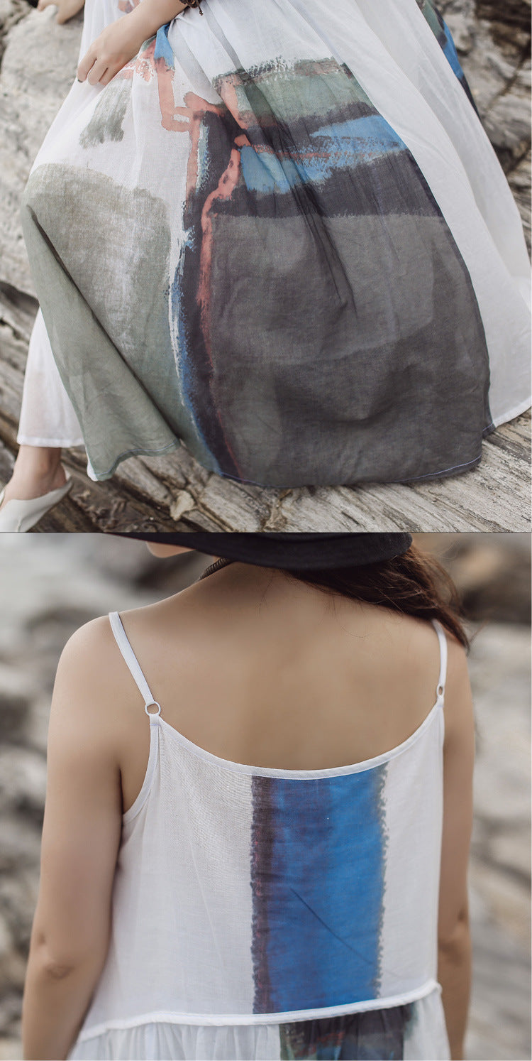 Retro Print Big Swing Long Suspender Dress