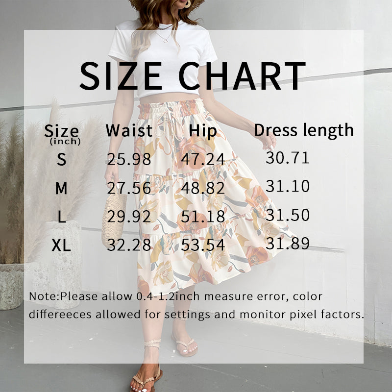 Women's Floral Tiered Midi Skirt Elastic Waist Dressy Casual A-line Flowy Boho Skirts