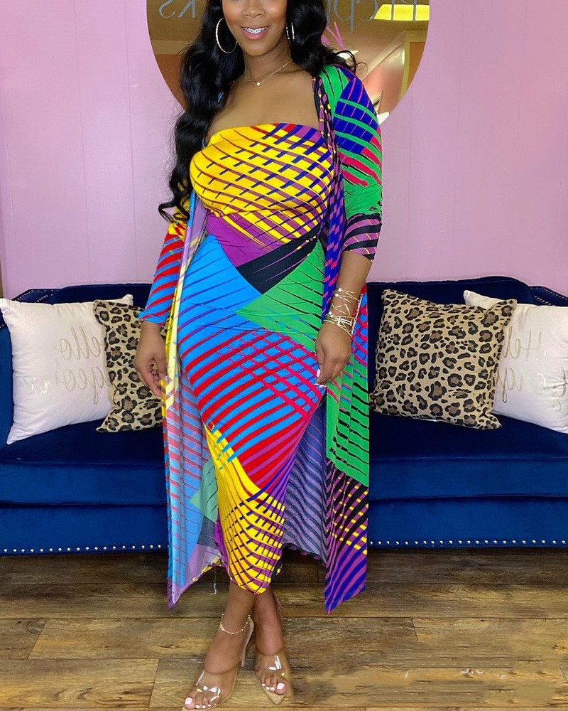 Color Print Women's Strapless Printed Skirt Coat Two-piece Set