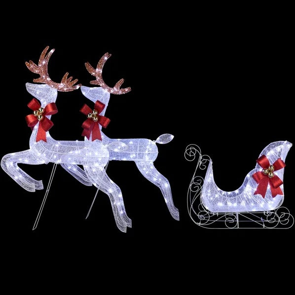 3-Piece Lighted Set Of 2 Reindeer & Sleigh, Weather Proof Christmas Outdoor Decorations With Pre-lit 270 LED White Lights And Stakes For Xmas Outdoor Holiday Indoor Decor Lighted Holiday Displays, Whi