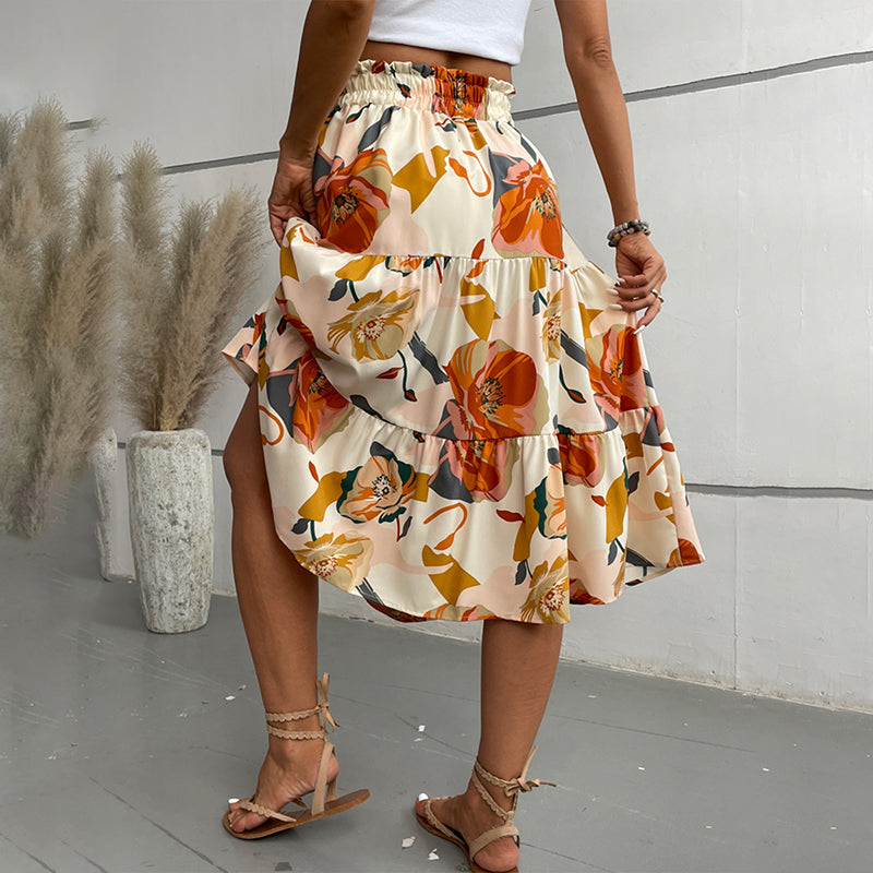 Women's Floral Tiered Midi Skirt Elastic Waist Dressy Casual A-line Flowy Boho Skirts