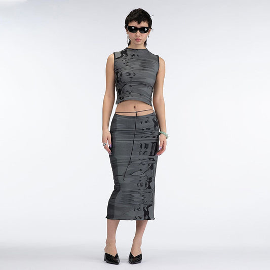 Women's Sleeveless Crew Neck Cutout Tank Top Mid Skirts