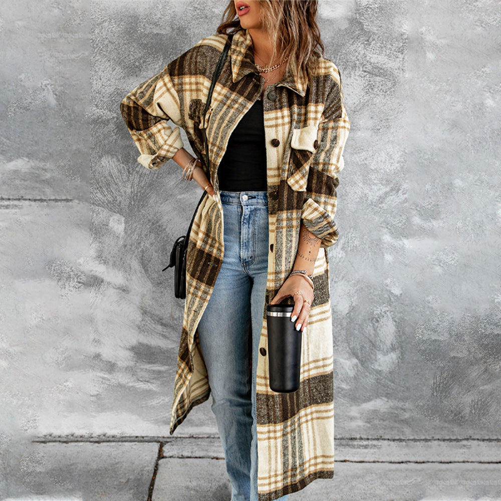 Women's Winter Long Plaid Print Cardigan Jacket