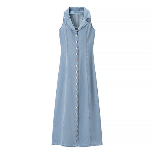 European And American Style Halter Waist-tight French Tea Break Button Denim Long Skirts